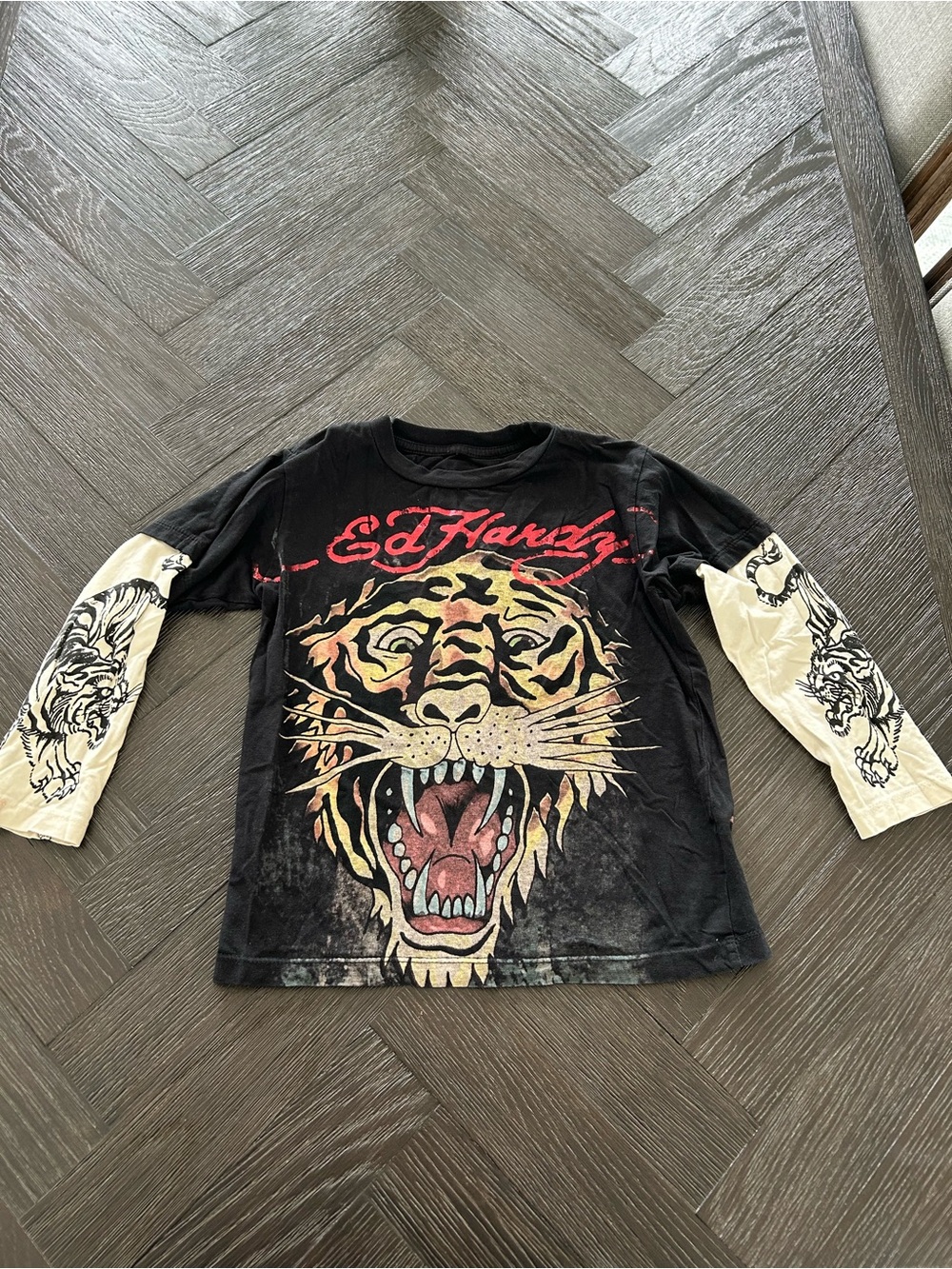 Ed Hardy Black & Cream Tiger Face Long-Sleeve Tee